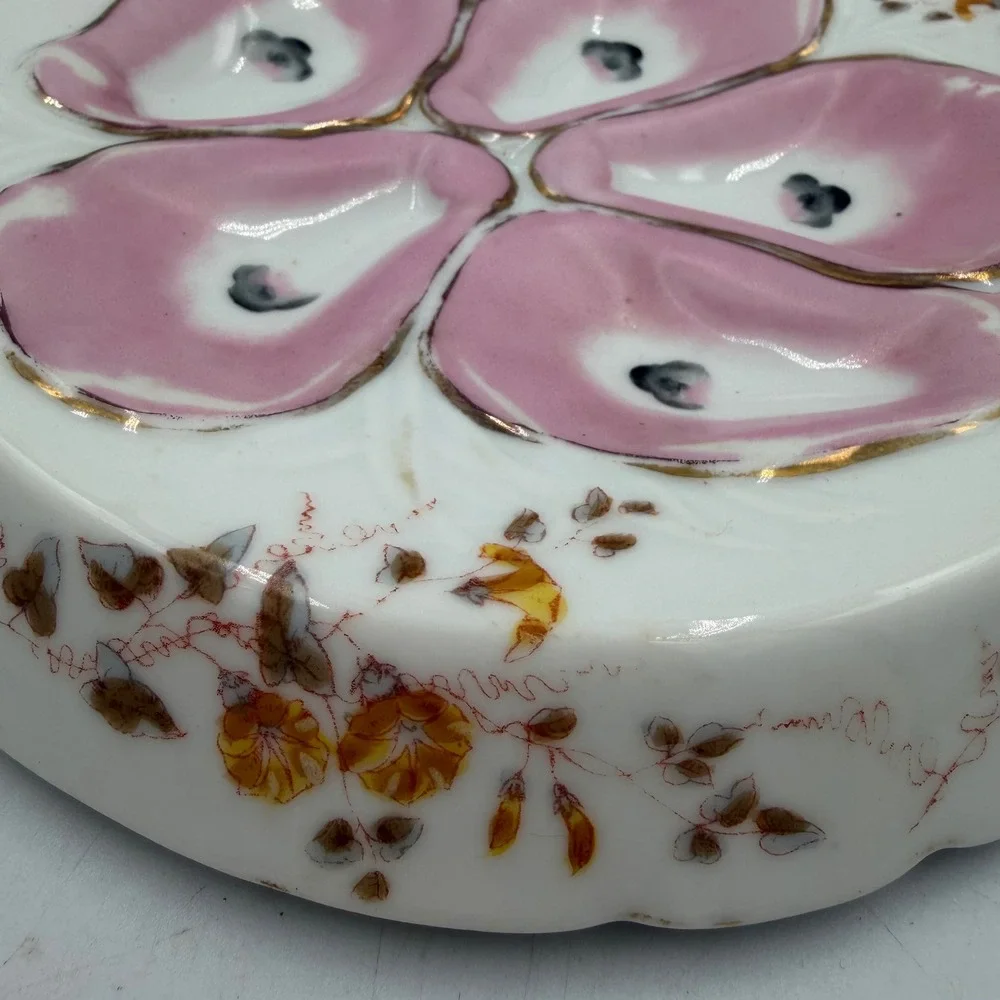 Antique Marx‎ & Gutherz Carlsbad Austria Oyster Plate Pink Oyster 5 Wells Floral